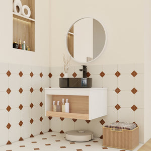 English Elm 24" Floating Bathroom Vanity Open Shelf Ceramic Vessel Sink Modern White Wood Finish W3450S00055