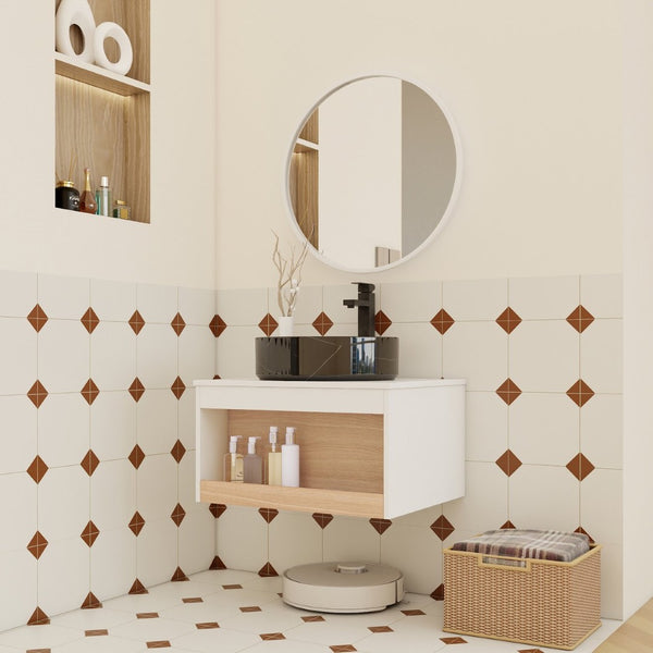 English Elm 24" Floating Bathroom Vanity Open Shelf Ceramic Vessel Sink Modern White Wood Finish W3450S00055