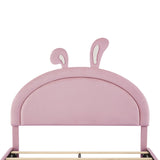 English Elm Full Size Upholstered Rabbit-Shape Bed With 2 Storage Stools, Velvet Platform Bed With Cartoon Ears Shaped Headboard, Pink