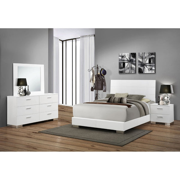 English Elm Dulcey Gloss White Faux Leather Eastern King Bedroom Set with Chrome Accents B062S01497