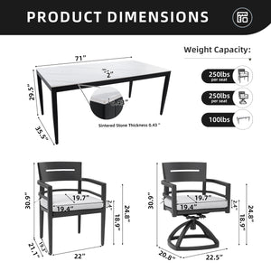 English Elm Modern 7Pc Outdoor Aluminum Dining Set - Sleek Marble-Top Table, 4 Chairs & 2 Swivel Rockers Included W1886S00018