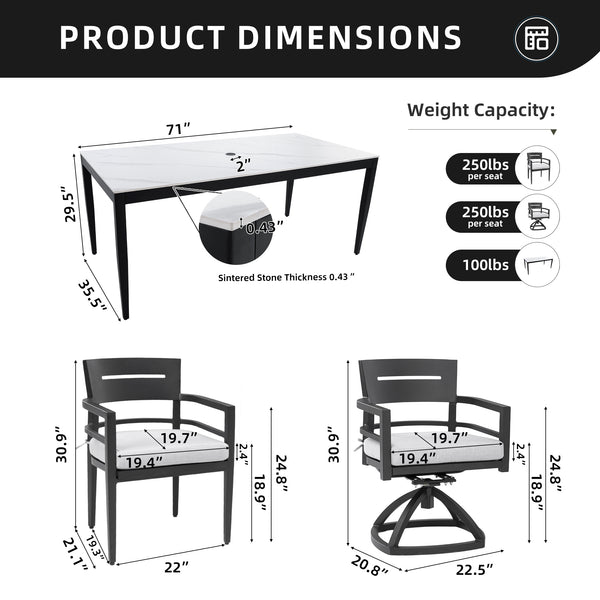 English Elm Modern 7Pc Outdoor Aluminum Dining Set - Sleek Marble-Top Table, 4 Chairs & 2 Swivel Rockers Included W1886S00018