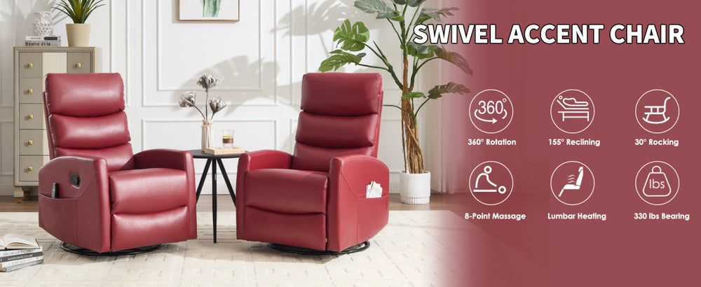 English Elm Heat Massage Rocker Swivel Recliner with Lumbar Relief and Tufted Fabric Lounge Chair W3224P321932