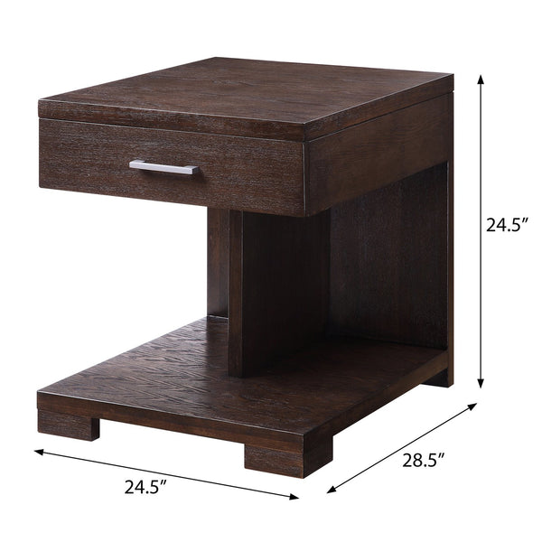 English Elm Walnut Modern 1-Drawer End Table with Safety-Stop Drawer, Divided Lower Shelf & Sturdy Bracket Legs B062P186490