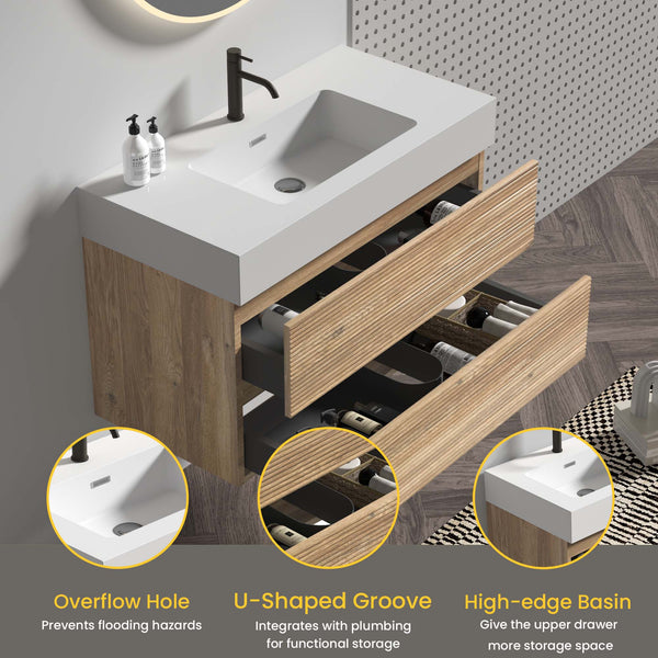 English Elm Grace Mid-Century Wall-Mounted Bathroom Vanity with White Quartz Basin, 20% More Storage, Soft-Closing Drawers and Hidden Handle for Quiet, Durable Modern Style Oak W1865S00115