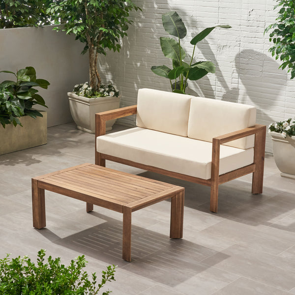 English Elm Christopher Knight Home® - GENSER Plush Beige & Brown Loveseat with Acacia Coffee Table — Water-Resistant Cushions, Durable Outdoor Set 66073.00DLBGE
