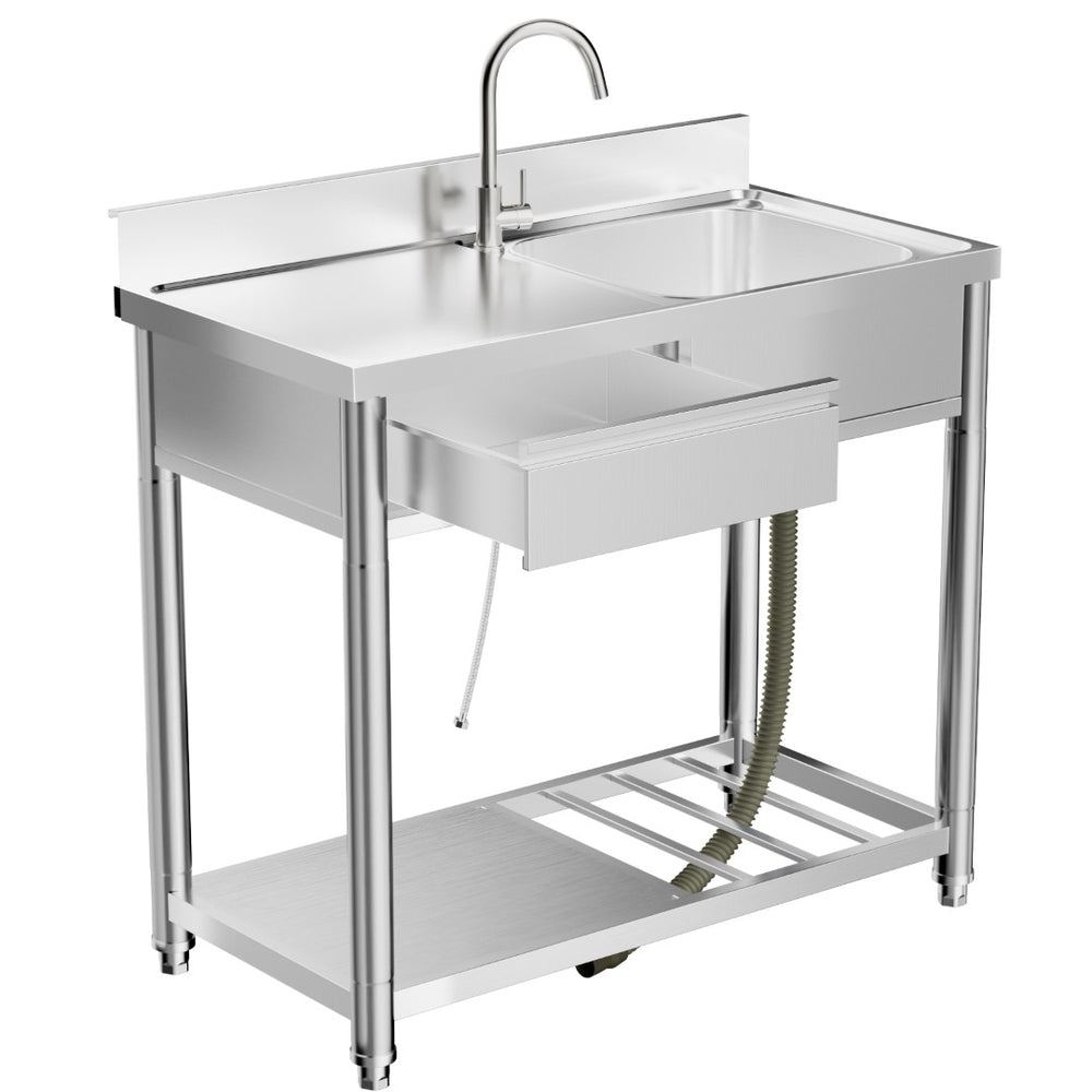 English Elm 304 Stainless Steel Freestanding Outdoor Sink Station with Workbench and Storage Shelf W3190P371785