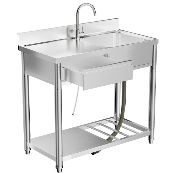 English Elm 304 Stainless Steel Freestanding Outdoor Sink Station with Workbench and Storage Shelf W3190P371785