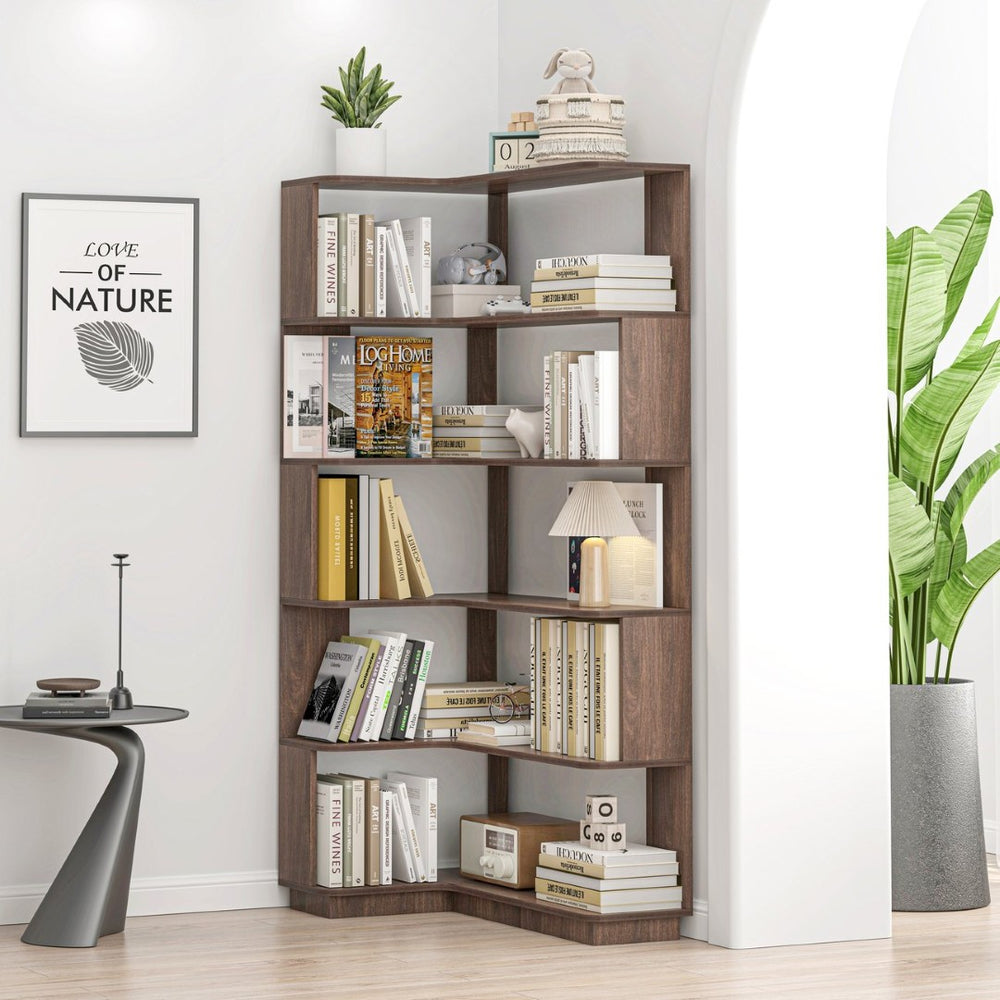 English Elm 90cm Five Tier L Shaped Corner Bookcase Open Wood Shelving for Home Office or Living Room W2899P444159