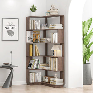 English Elm 90cm Five Tier L Shaped Corner Bookcase Open Wood Shelving for Home Office or Living Room W2899P444159