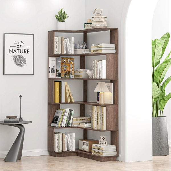 English Elm 90cm Five Tier L Shaped Corner Bookcase Open Wood Shelving for Home Office or Living Room W2899P444159