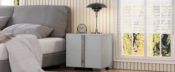 English Elm Modern Two Drawer Nightstand with Slim Metal Legs and Mirrored Bar Handles for Bedroom Grey W5271P416539