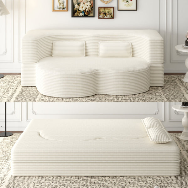 English Elm Modern Full Size Folding Sofa Bed with Plush Corduroy, 2 Pillows, 15" Foam Mattress, No Assembly Required Beige+White W1885P347080