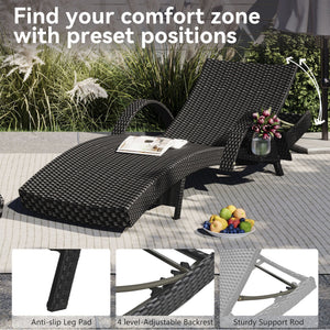 English Elm K&K 80" Outdoor Wicker Chaise Lounge Set of 2 with 2000H UV Wicker, Pull-Out Side Table, 4-Position Recliner Black WF321204AAB