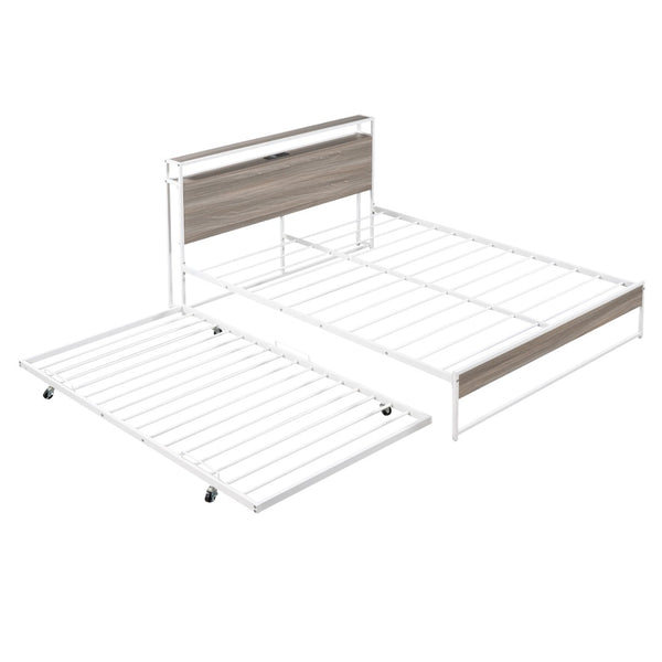 English Elm Queen Steel Platform Bed with Trundle Headboard Shelves and Built-in Usb Charging N708P477431K