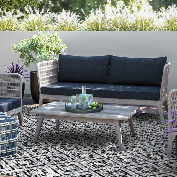 English Elm Santiago Outdoor Sofa in Slate Grey — Handcrafted Aluminum & Acacia Wood, Water-Repellent Cushions, Removable Covers B136P159396