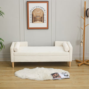 English Elm 65.35"wide Corduroy Storage Bench with Flip Top Bolster Pillows and Padded Backrest Ivory W3118P410499