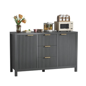 English Elm Sideboard Fluted Credenza with Three Drawers Two Doors Matte Black Modern Storage T3773P417341