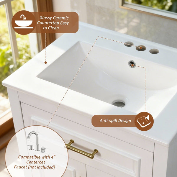 English Elm 24" Matte Single Sink Vanity Solid Poplar Frame Gold Hardware Soft Close Cabinet White N710P389449K
