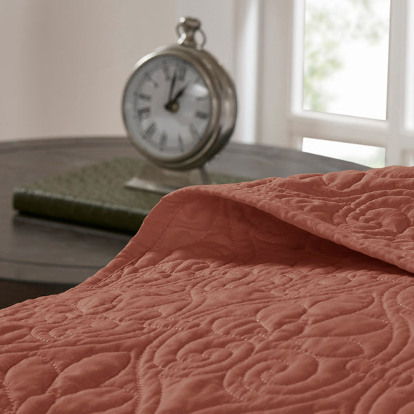 JLA Home Madison Park - 3 Reversible Bedspread Set with Quilted Stitch Texture, Oversized Drape, Prewashed Cotton Fill, Antimicrobial Protection Clay Red MP13-8485