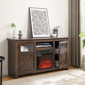 English Elm 2 Door Farmhouse Entertainment Console with Built-in Electric Fireplace Barn Style Espresso W2275S00041