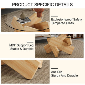 English Elm Circular Tempered Glass Round Coffee Table with Wood Tone Mdf Legs for Modern Living W1151P146792