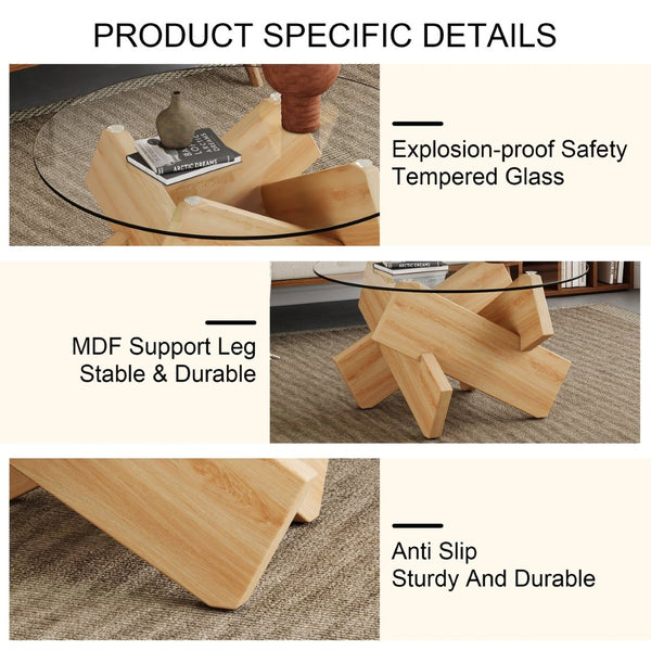 English Elm Circular Tempered Glass Round Coffee Table with Wood Tone Mdf Legs for Modern Living W1151P146792