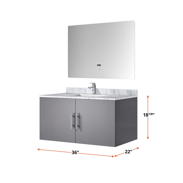 English Elm Dark Grey Bath Vanity Set With Carrara Marble Top, Chrome Faucet, And Led Mirror For Modern Spaces B2731S01309