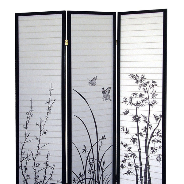 English Elm 70" Tall 3-Panel Folding Screen – Elegant Floral Design, Black Frame, Ideal For Privacy & Decor B072115972