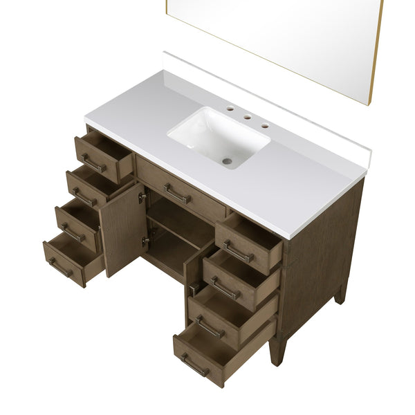 English Elm Grey Oak Single Bath Vanity Set With White Quartz Top & 46" Mirror – Stylish Storage Solution! B2731S01472