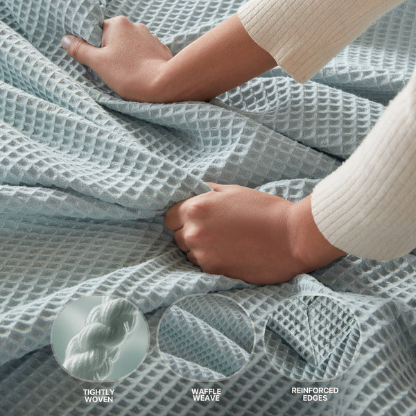 JLA Home Madison Park - Cotton Waffle-Weave Blanket — Ultra-Soft 100% Breathable Cotton, OEKO‑TEX Certified, Machine Washable Aqua BR51N-3833