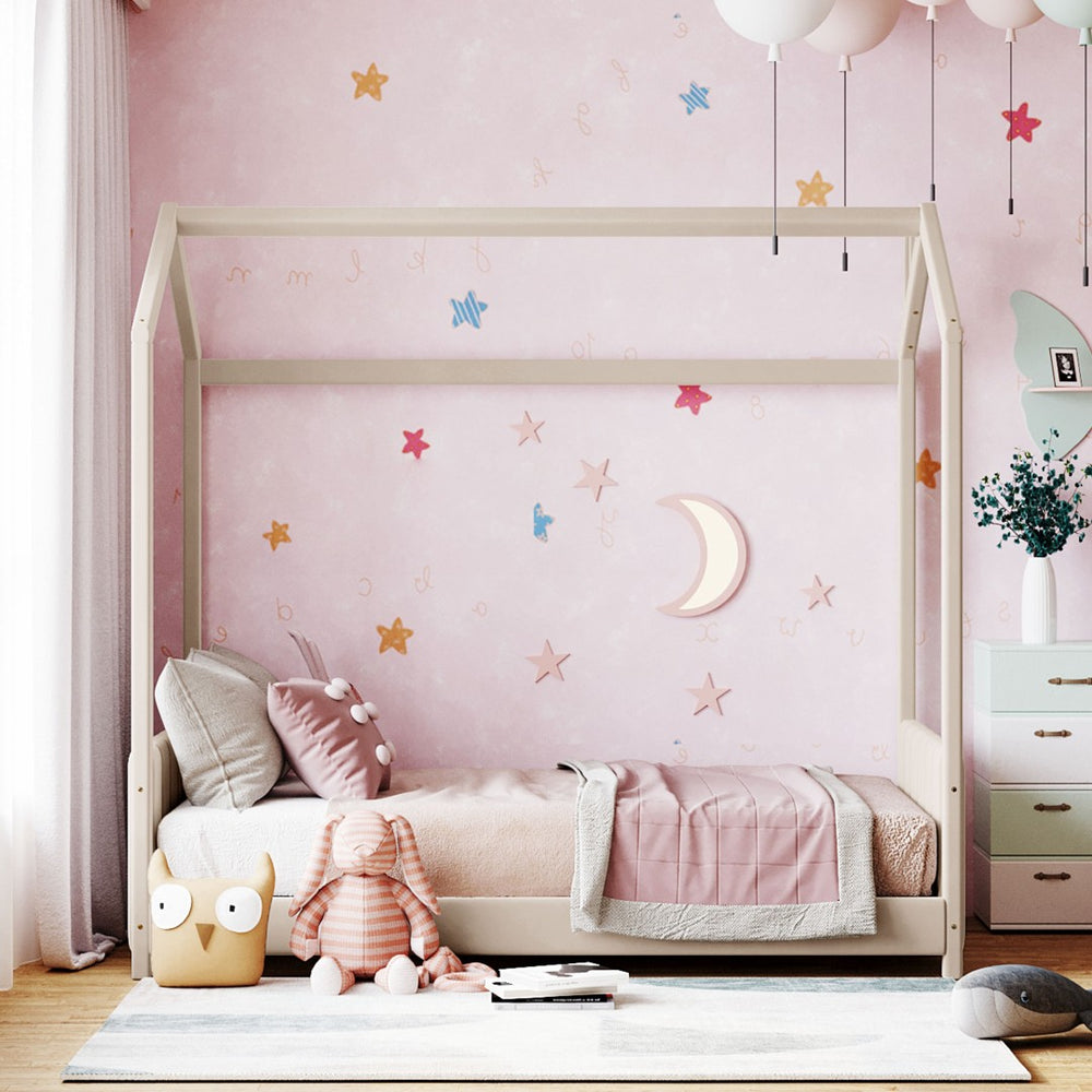 English Elm Twin House Bed Velvet Upholstered Peaked Roof Frame for a Cozy Kids Bedroom LP100125AAA