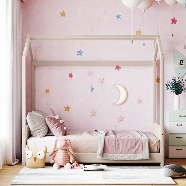 English Elm Twin House Bed Velvet Upholstered Peaked Roof Frame for a Cozy Kids Bedroom LP100125AAA