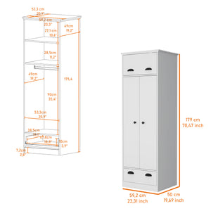 English Elm Linch White Armoire with Hinged Top Drawer, Double-Door Closet, Lower Glide Drawer — Space-Saving elegant storage B128S00123