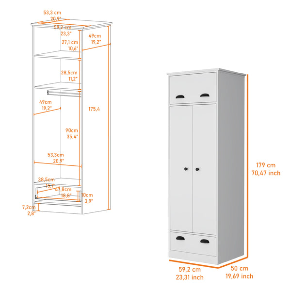 English Elm Linch White Armoire with Hinged Top Drawer, Double-Door Closet, Lower Glide Drawer — Space-Saving elegant storage B128S00123