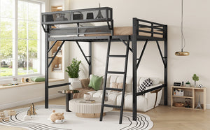 English Elm Queen Size Metal Loft Bed with Ladder and Built-In Storage Shelves, High Durable Black Frame, 400LB Capacity W2580P316650