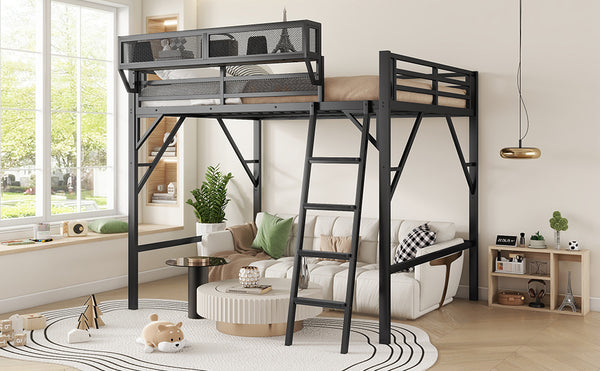 English Elm Queen Size Metal Loft Bed with Ladder and Built-In Storage Shelves, High Durable Black Frame, 400LB Capacity W2580P316650