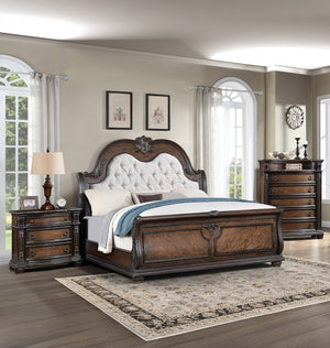 English Elm 1Pc Marble Top Nightstand With Three Drawers, Intricate Moldings & Curved Silhouette - Elegant Storage B2741P366086