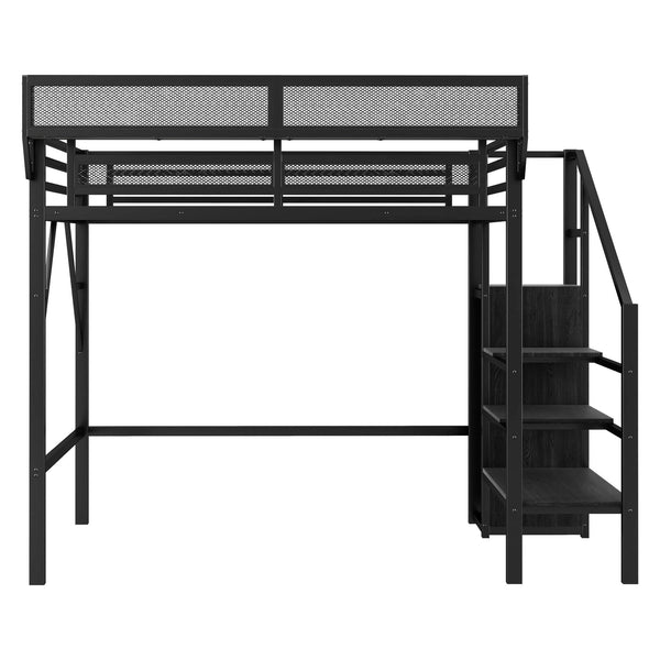 English Elm Twin Twin Size Loft Bed with Stairs and Built-In Shelves, Metal High Loft with Wardrobe for Kids Teens Black W2580S00035