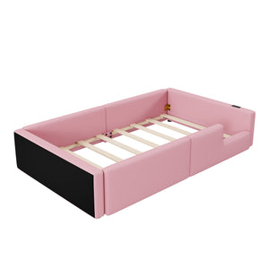English Elm Twin Upholstered Platform Bed with Guardrail and Built-In Charging Station, Modern Sleek Design for Small Spaces Pink N709P186347H