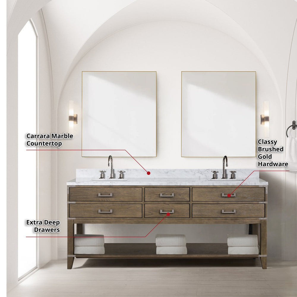 English Elm Grey Oak Double Bath Vanity Set With Carrara Marble Top, Chrome Faucets & 36" Mirrors - Stylish Storage! B2731S01911