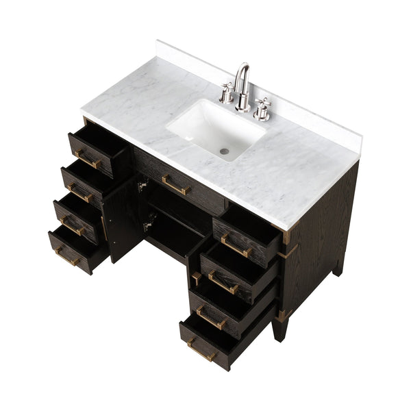 English Elm Brown Oak Single Bath Vanity With Carrara Marble Top & Chrome Faucet Set - Elegant Storage Solution B2731P259805