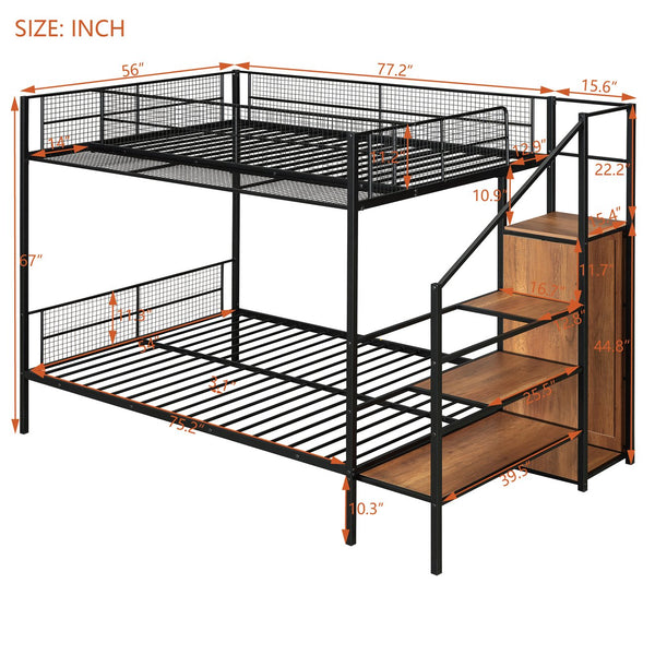 English Elm Twin Over Full Metal Bunk Bed with Trundle, Step Ladder Storage, Wardrobe & Wire Shelving, Durable Frame Black SF000172AAB
