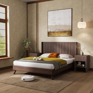 English Elm Wood Fluted Wingback Queen Headboard Wall Mounted Walnut Farmhouse Bedroom Accent W3520P327613