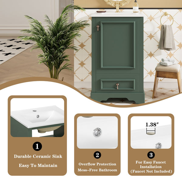 English Elm 20 Inch Bathroom Vanity with Ceramic Sink, Soft-Close Door, Adjustable Shelf, Smart Storage Organizing Design Green N729P299505F