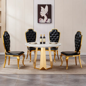 English Elm 47" Round Marble Dining Table - Modern High Gloss Faux Marble Top & Stainless Steel Base For Stylish Spaces W3456S00010