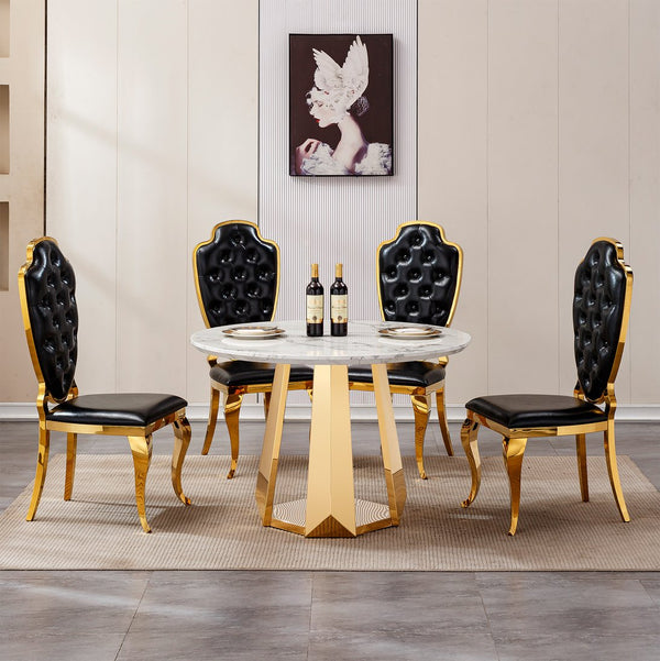 English Elm 47" Round Marble Dining Table - Modern High Gloss Faux Marble Top & Stainless Steel Base For Stylish Spaces W3456S00010