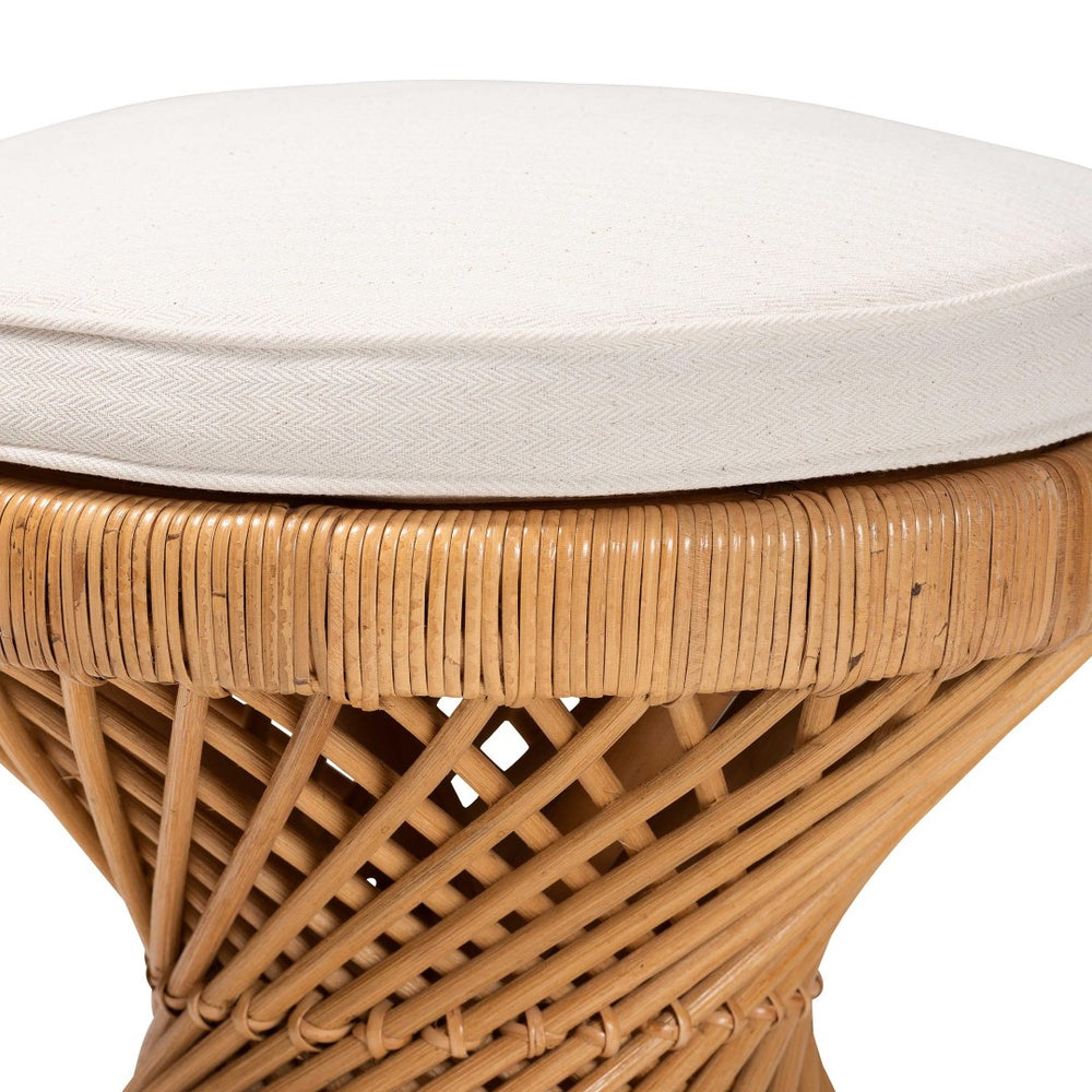 English Elm Bohemian Rattan Footstool with Hourglass Base Open Weave and Cushioned Seat B2750P420411