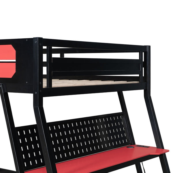 English Elm Full Size Gaming Bunk Bed with Dual Desks Usb Charging Ports and Pegboard Storage Red LT000274AAR