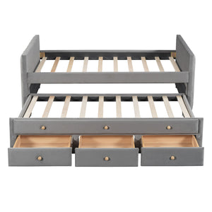 English Elm Twin Upholstered Daybed with Pull-Out Trundle and 3 Drawers, Velvet Finish, Solid Frame, Slat Kit Included Gray SF000147AAE